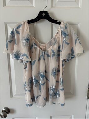 Rebecca Taylor Cream Blouse with Blue Floral and Silver Accents